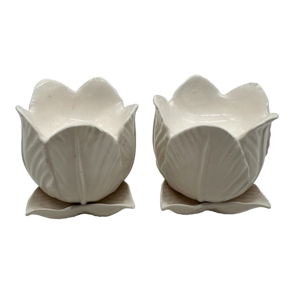 Pair of Vintage Quon-Quon Flower Tulips White Candleholders 3 1/4" Tall‎ Japan